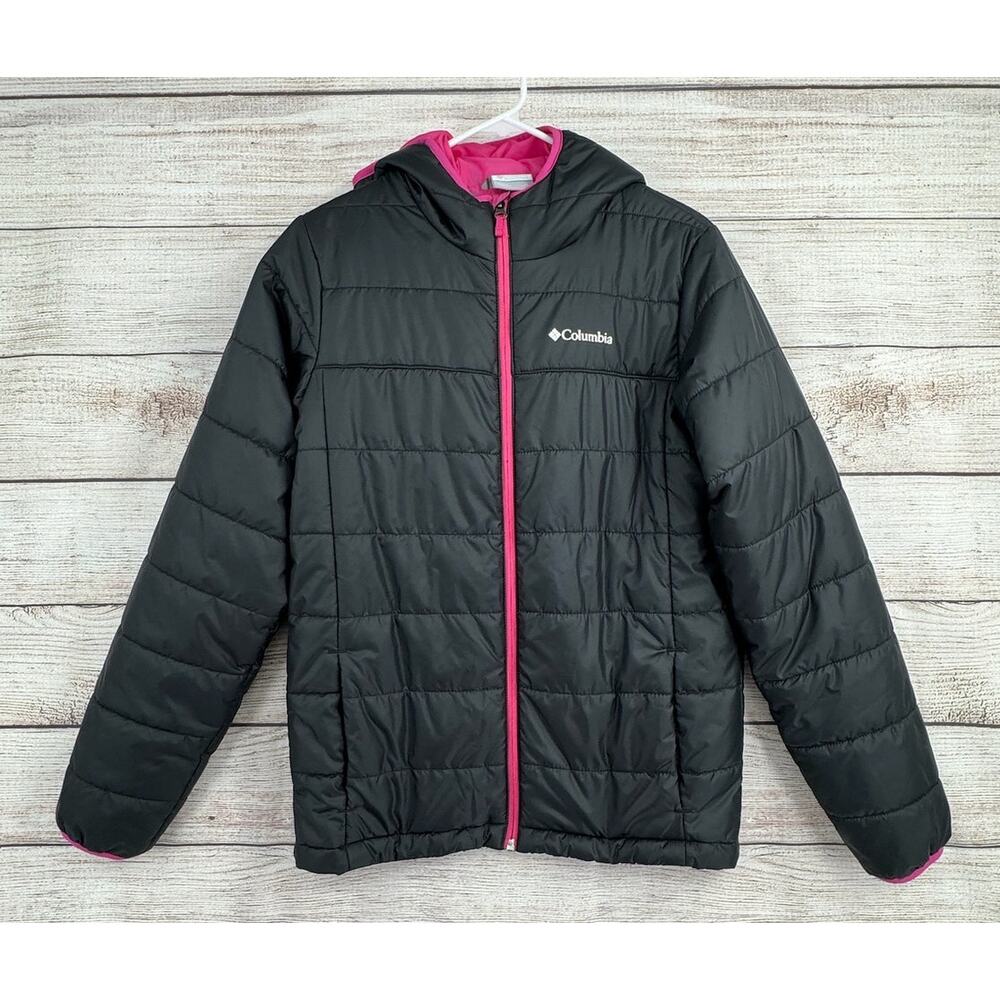Columbia Full Zip Hooded Puffer Jacket Youth Girls Size XL 18/20 Black Pink